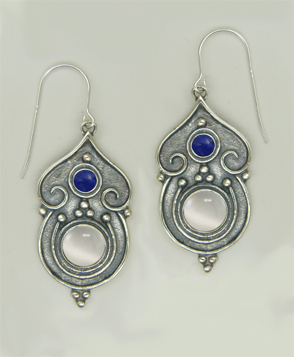 Sterling Silver Gothic Inspired Drop Dangle Earrings With White Moonstone And Lapis Lazuli